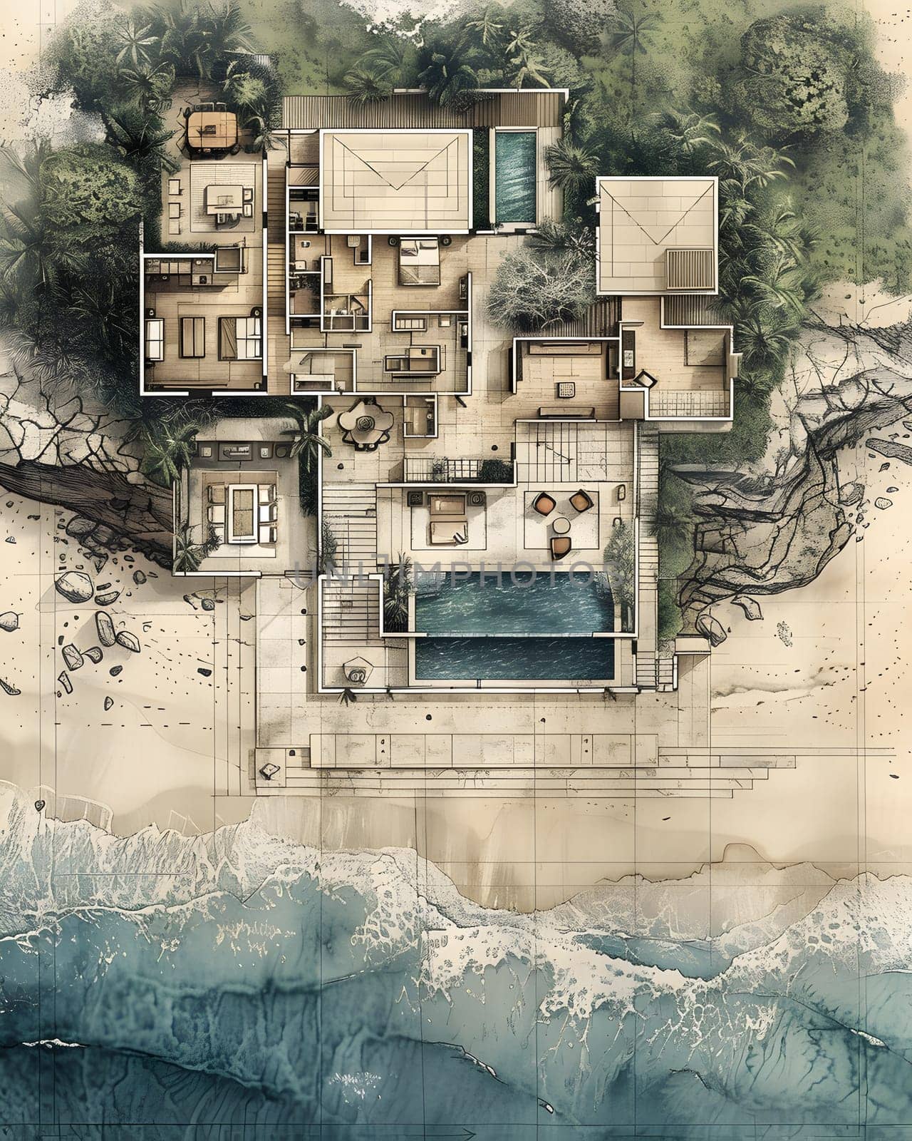 A house on the beach with a pool, captured in a stunning aerial painting by Nadtochiy