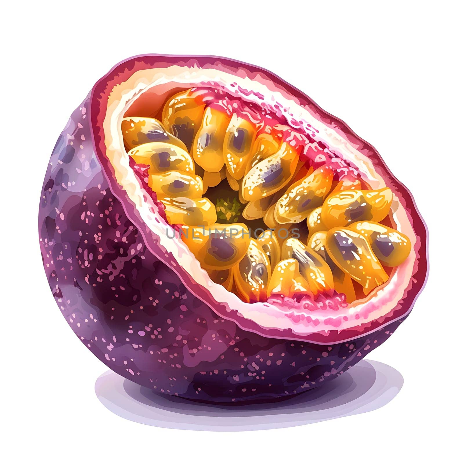 A visually stunning purple passion fruit, a staple food and natural ingredient in various cuisines, showcased cut in half on a white background