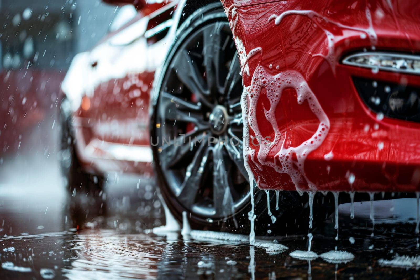 Outdoor car wash with foam soap, Washing Car Backdrop, washing with Copy Space.