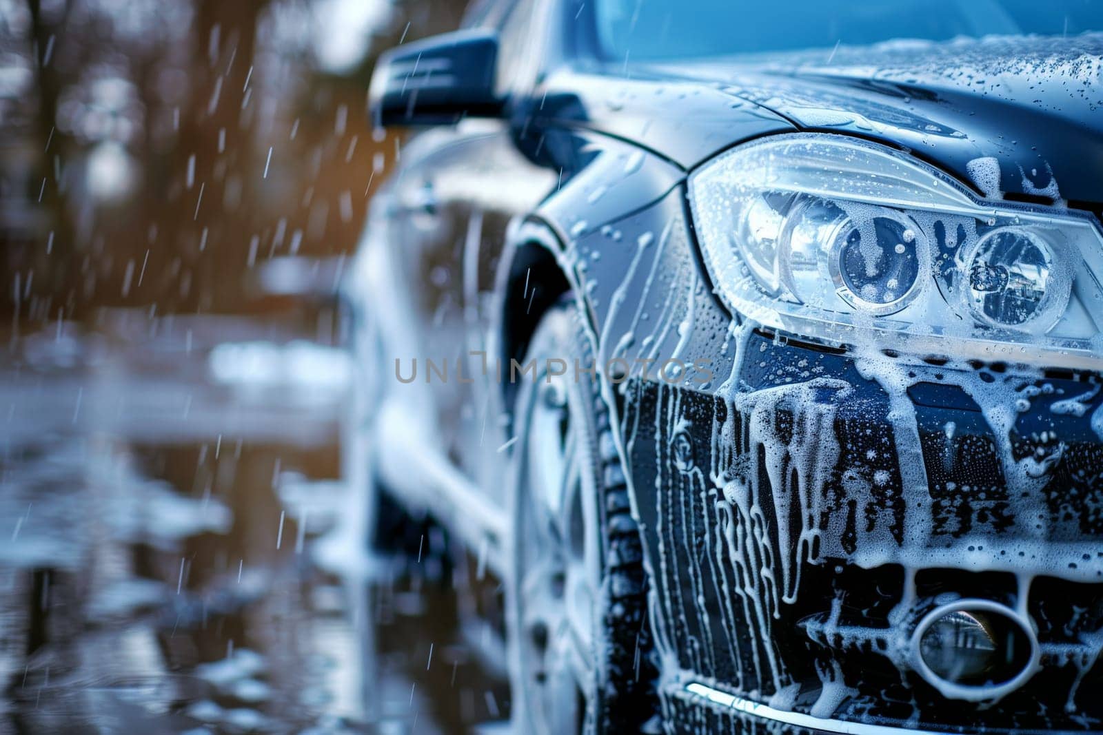 Outdoor car wash with foam soap, Washing Car Backdrop, washing with Copy Space by nijieimu