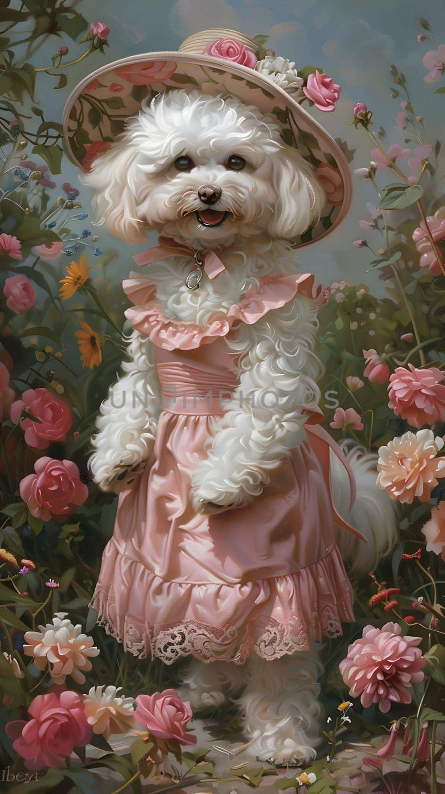 A small white dog in a pink dress and hat stands in a field of flowers by Nadtochiy