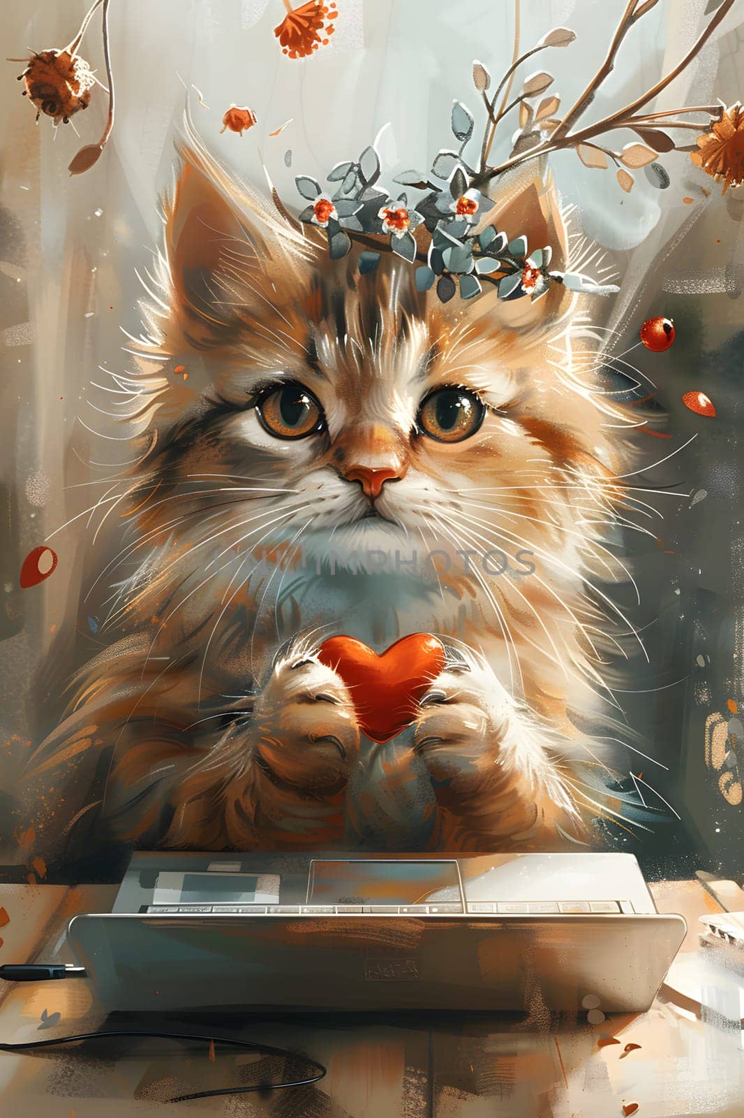 Felidae holding heart, adorned with flower crown, in a cute gesture by Nadtochiy
