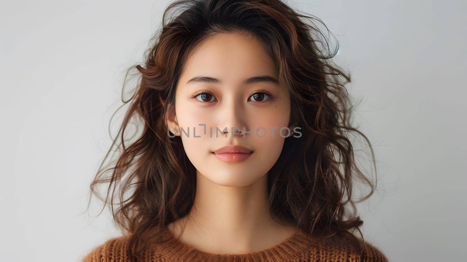 A woman with long black curly hair is wearing a brown sweater and looking at the camera, showing off her defined jawline and expressive eyebrows