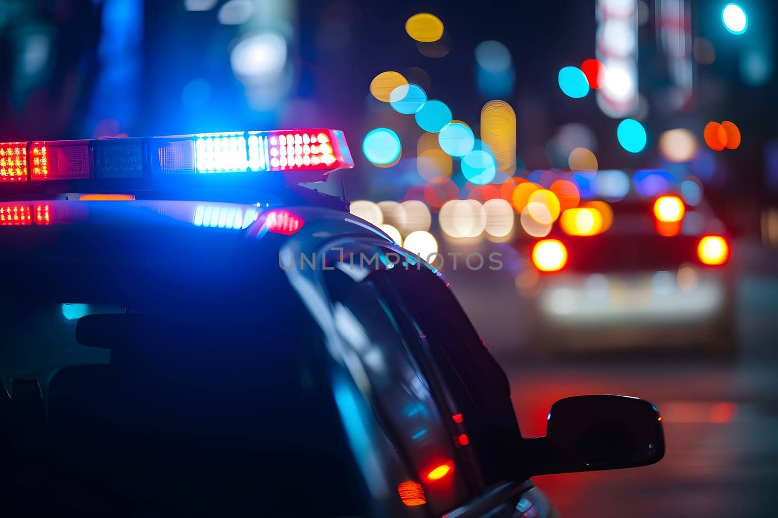 police car lights at night in city street with selective focus and bokeh by z1b