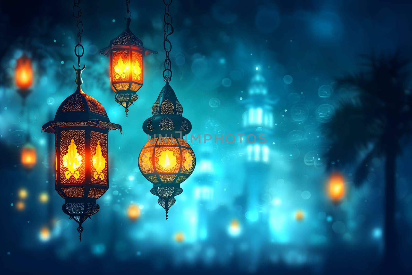 Fanous Ramadan lanterns at night. Neural network generated in January 2024. Not based on any actual scene or pattern.