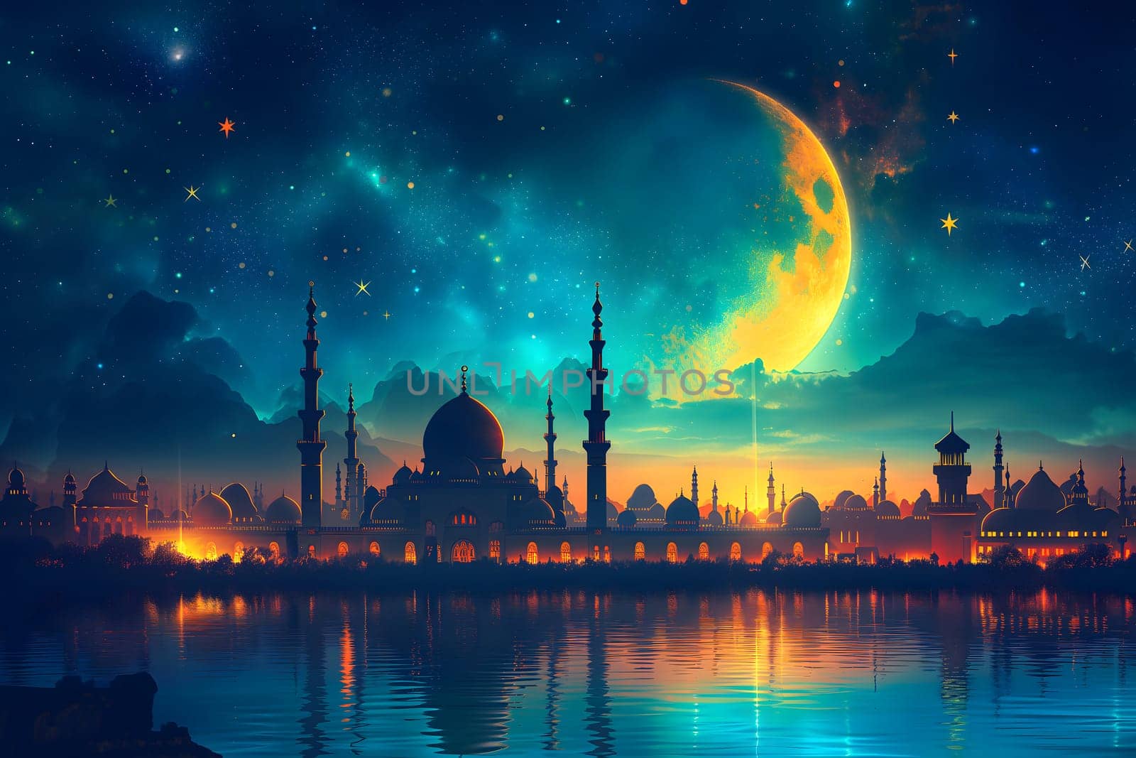 Ramadan mosque with night afterglow sky with crescent. Neural network generated in January 2024. Not based on any actual scene or pattern.