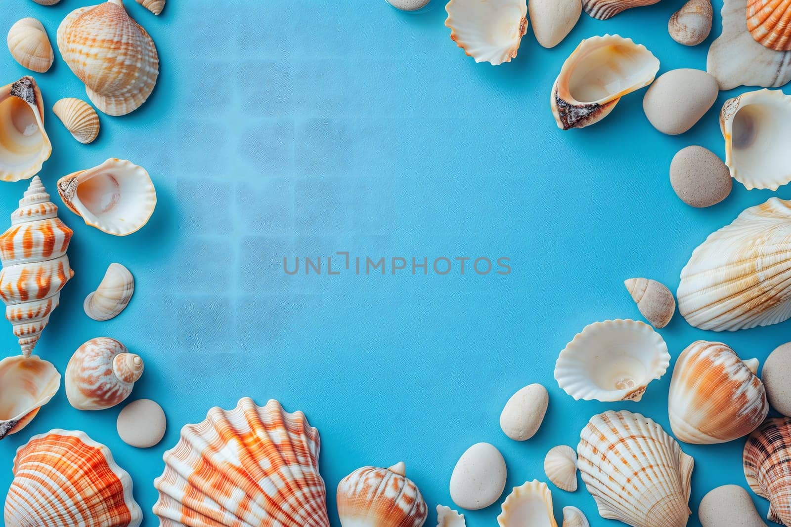 Seashells, pebbles, mockup on blue background. Blank, top view, still life, flat lay. Sea vacation travel concept tourism and resorts. Summer holidays. by z1b