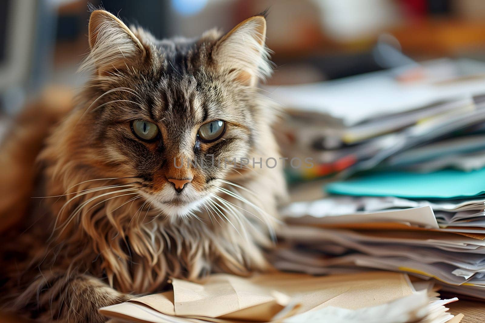 cat in an office, overwhelmed by a mountains of paperwork. Neural network generated in January 2024. Not based on any actual scene or pattern.