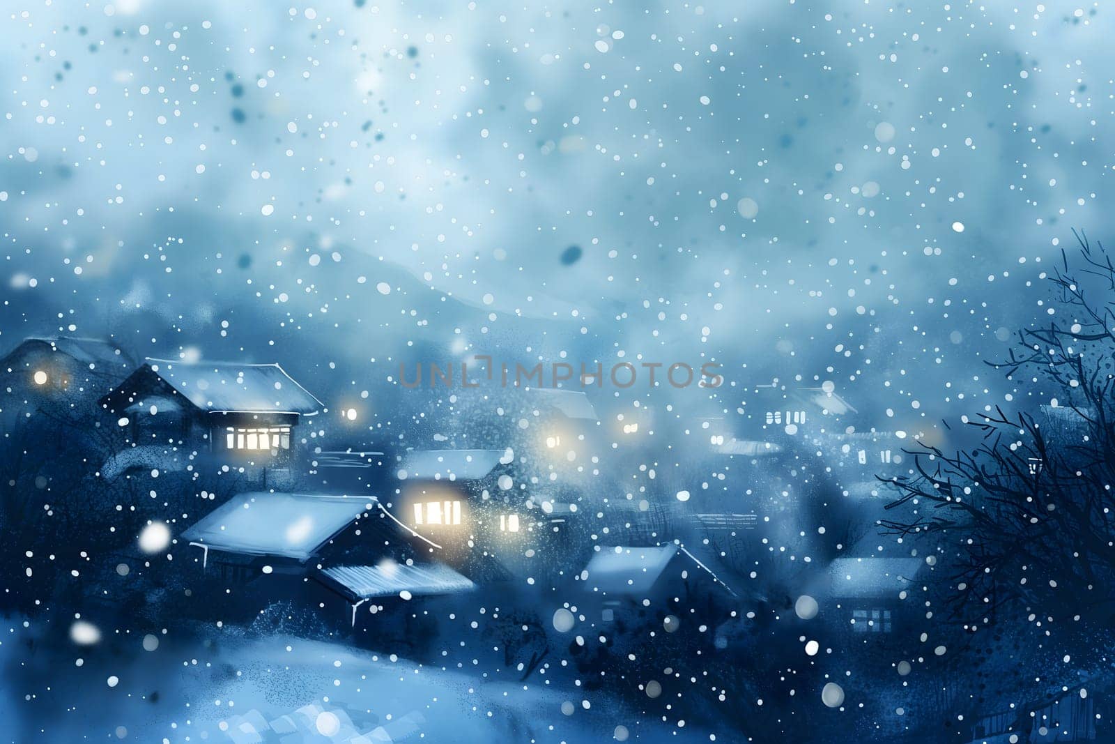 Winter village at snowfall. Neural network generated in January 2024. Not based on any actual scene or pattern.