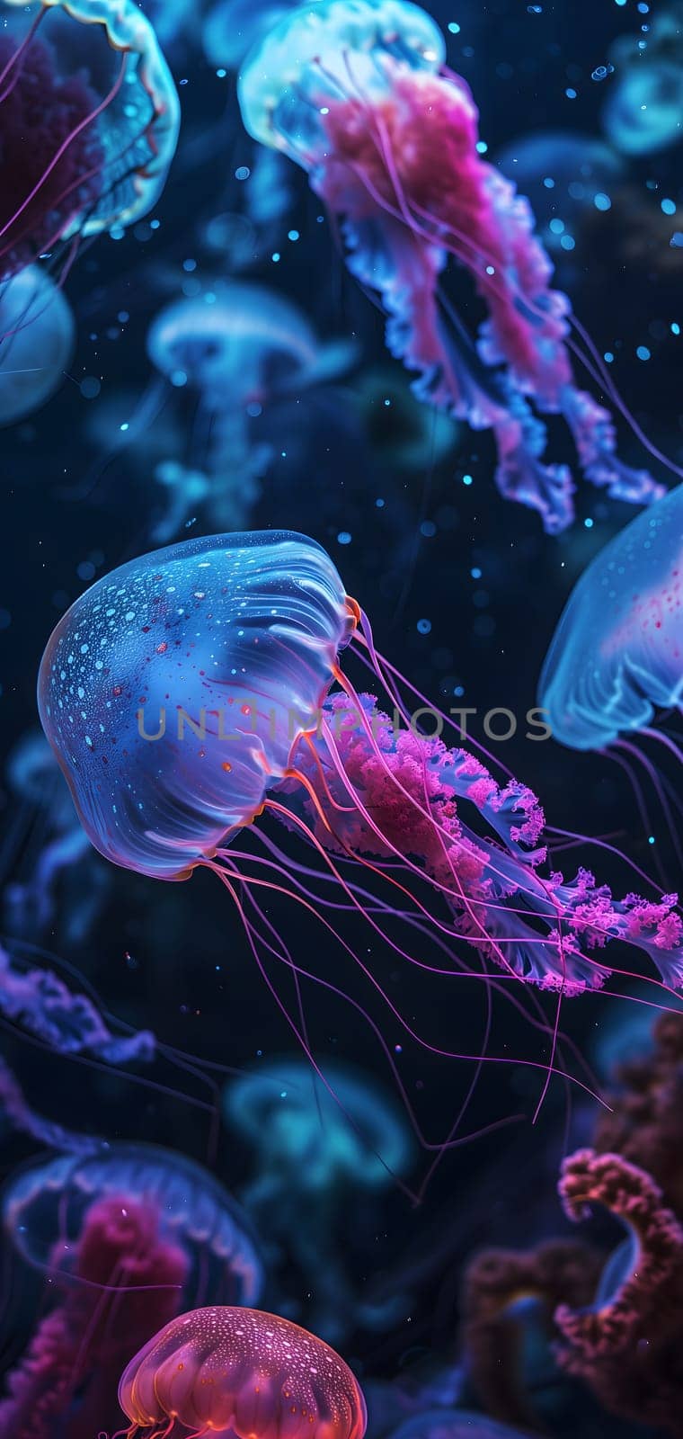 glowing sea jellyfishes on dark background, neural network generated image by z1b