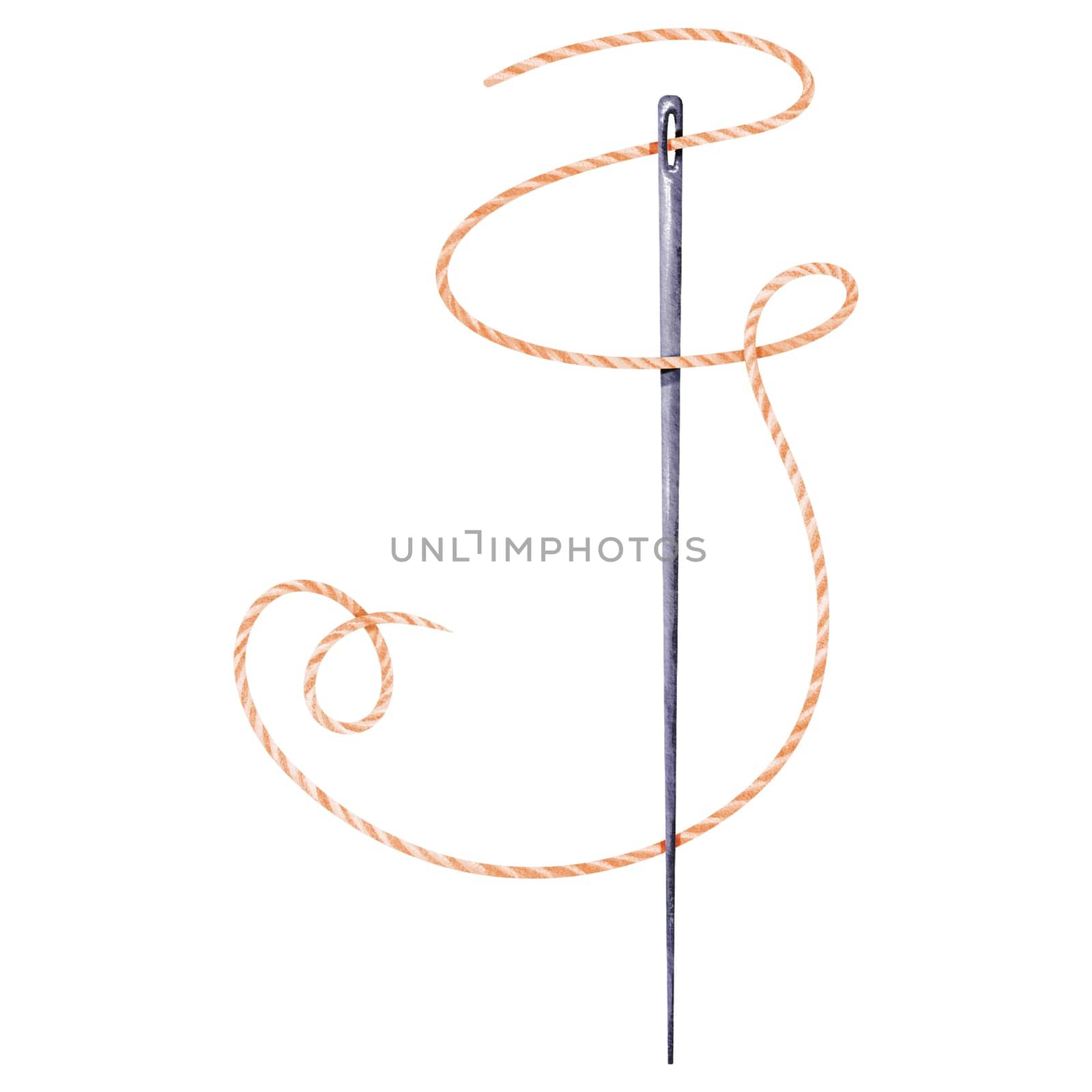 A steel needle with an orange thread. Graceful movement. Isolated object. Watercolor illustration. Ideal for sewing-related logos, crafting enthusiasts, needlework businesses, and DIY-themed designs by Art_Mari_Ka
