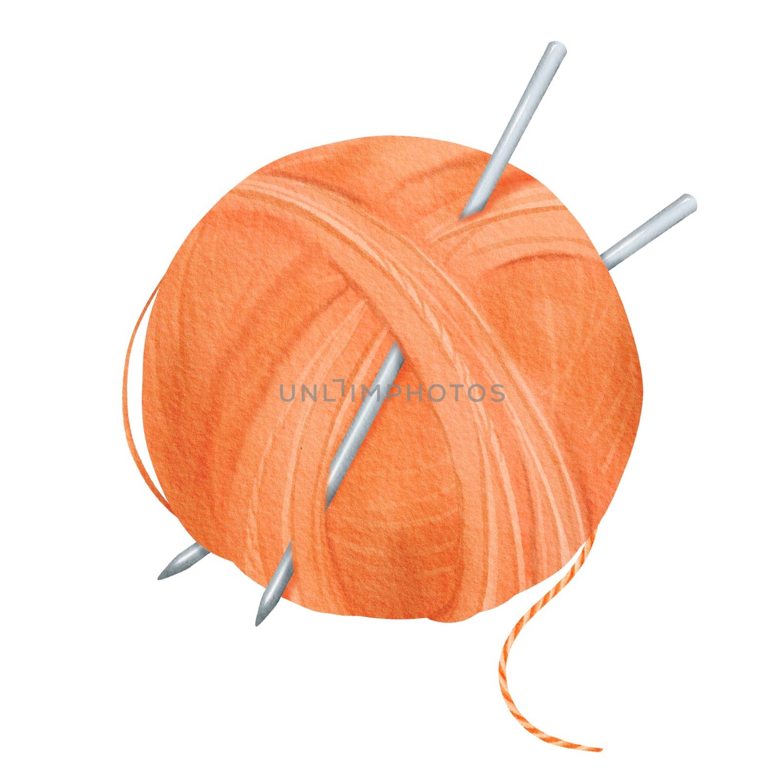 An isolated watercolor illustration featuring an orange yarn spool. Embedded in the spool are steel knitting needles. for crafting enthusiasts, knitting tutorials and textile-related publications.