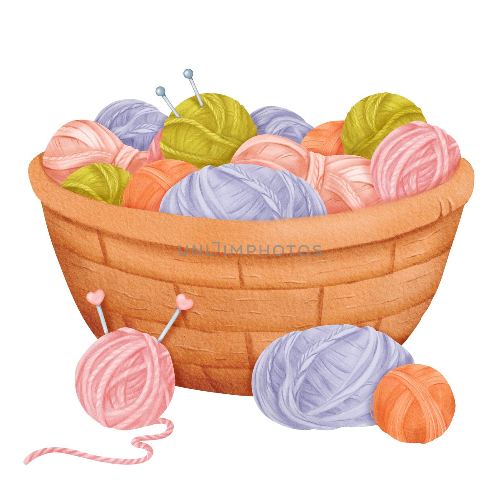 A cozy setup featuring a woven basket filled with assorted yarn balls and knitting needles. Perfect for crafting enthusiasts, knitting tutorials, or DIY-themed designs. Watercolor illustration by Art_Mari_Ka