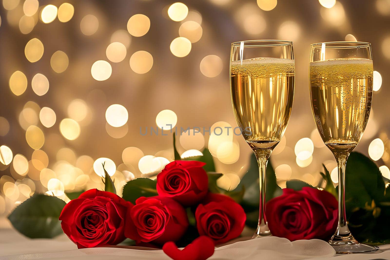 two glasses with sparkling wine or champagne and red roses on table with bokeh lights in the background for generic celebration concept. Neural network generated image. Not based on any actual or scene.