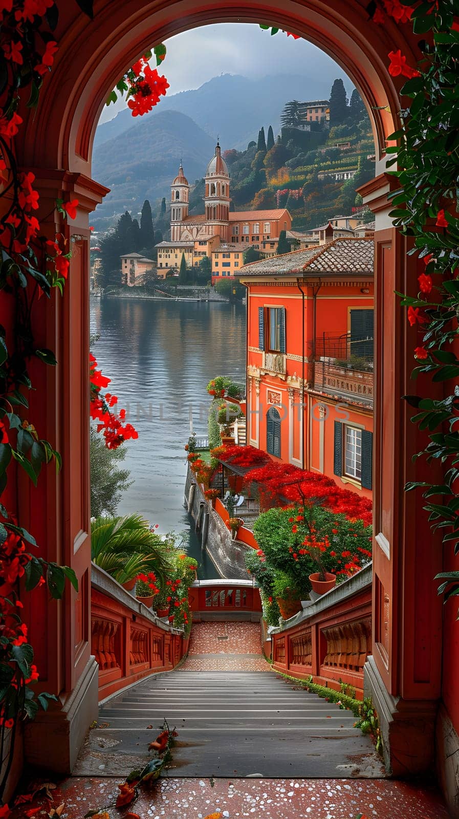 A view of the lake framed by an archway adorned with beautiful red flowers, creating a picturesque scene with the buildings architecture and the sky in the background