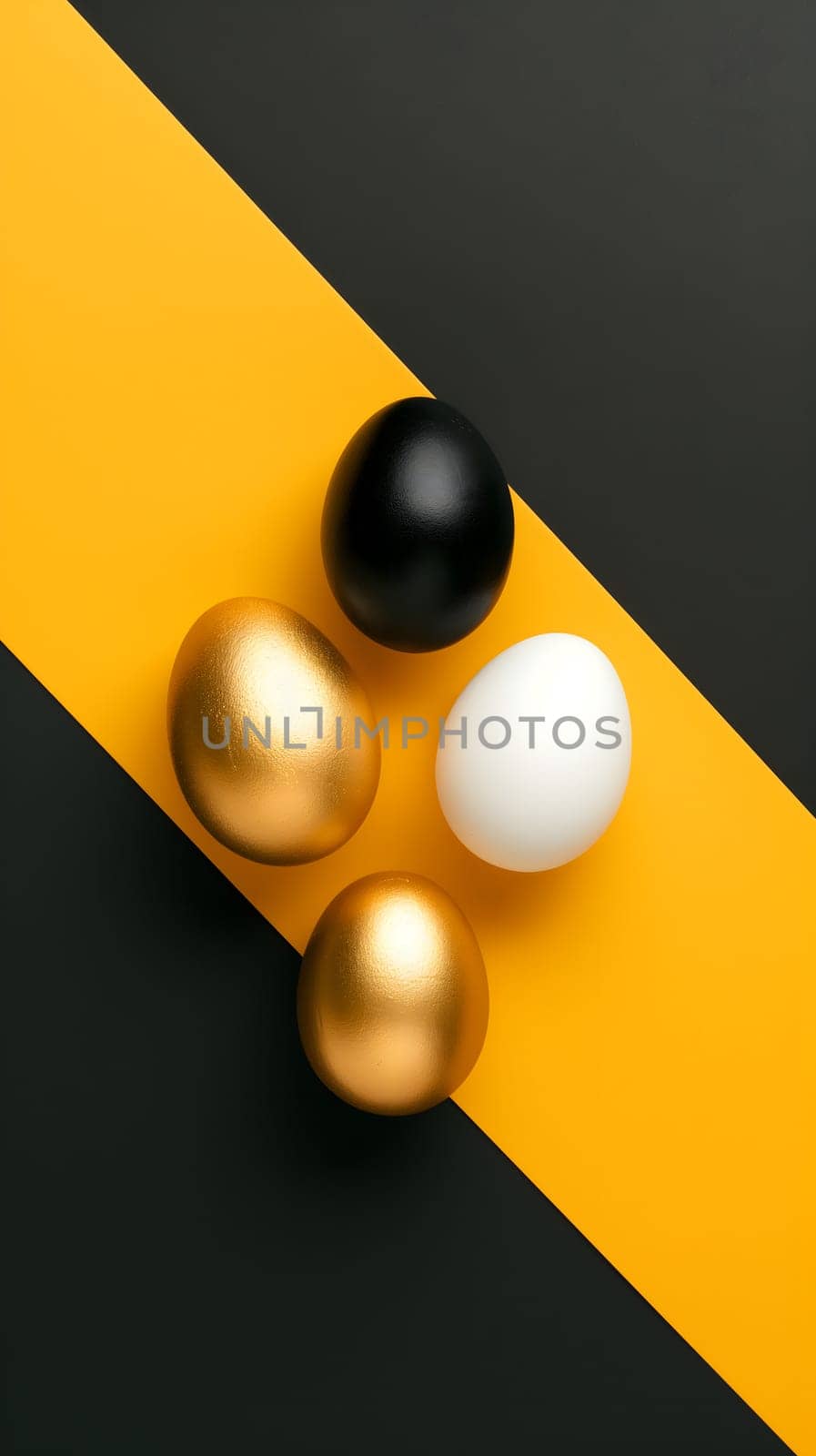 Golden, black, white Easter eggs on a yellow-black background. geometry. Minimal concept. View from above. by z1b