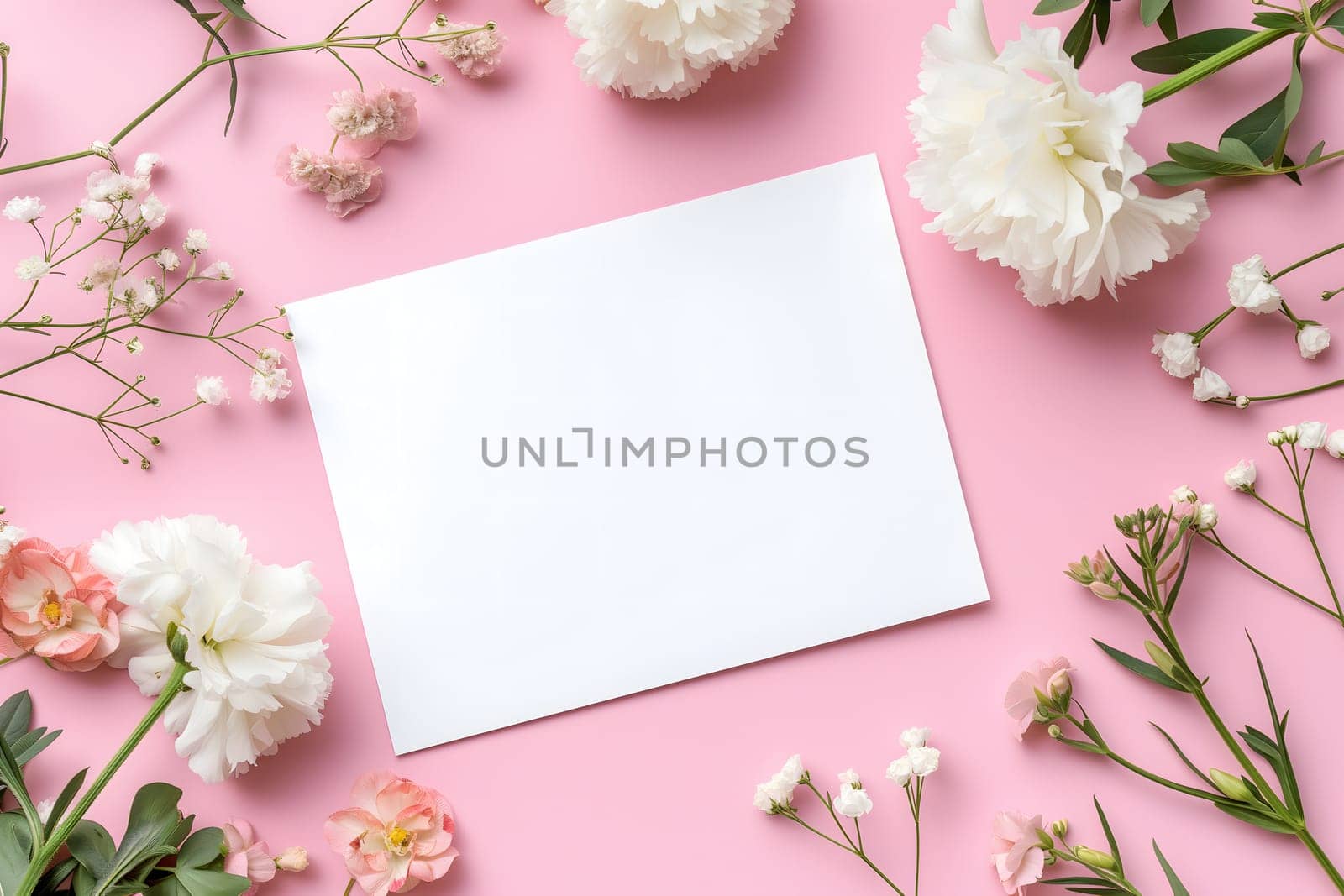 white greeting card with flowers mock up high angle view directly above decoration by z1b