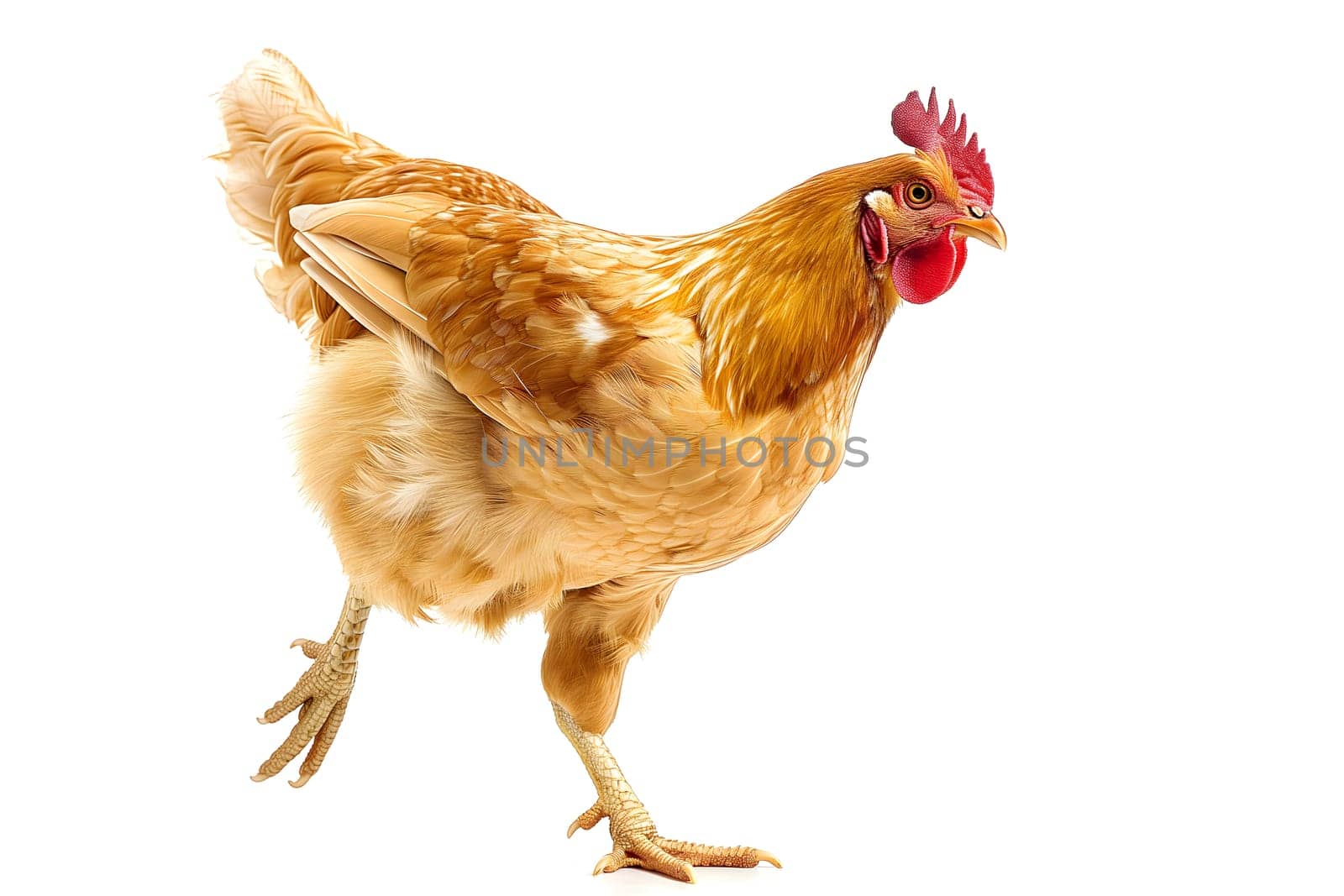 Running chicken hen on white background. Neural network generated image. Not based on any actual scene or pattern.