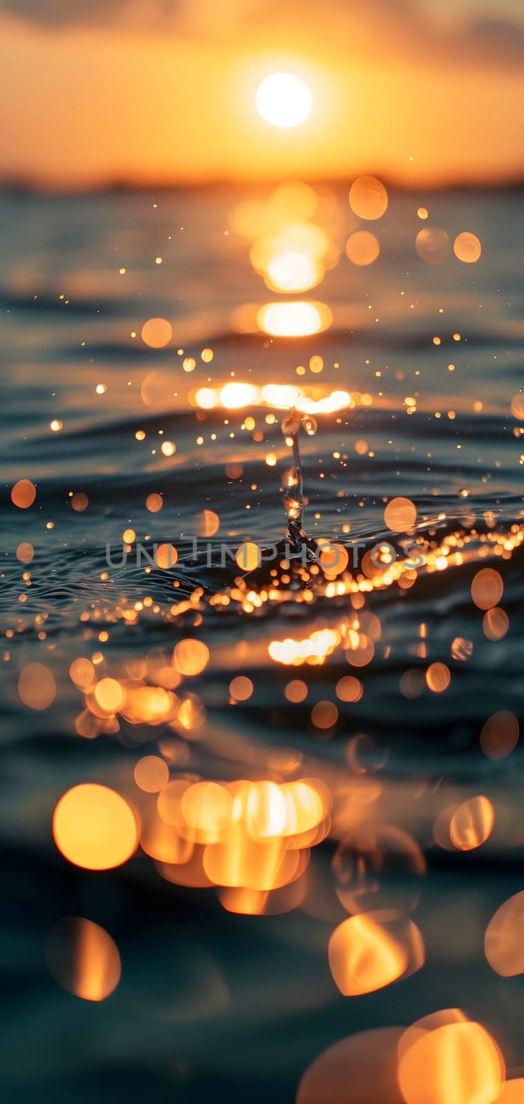 Sunset bokeh on water: golden sky over a body of water, with the light reflecting and creating a bokeh effect. by z1b