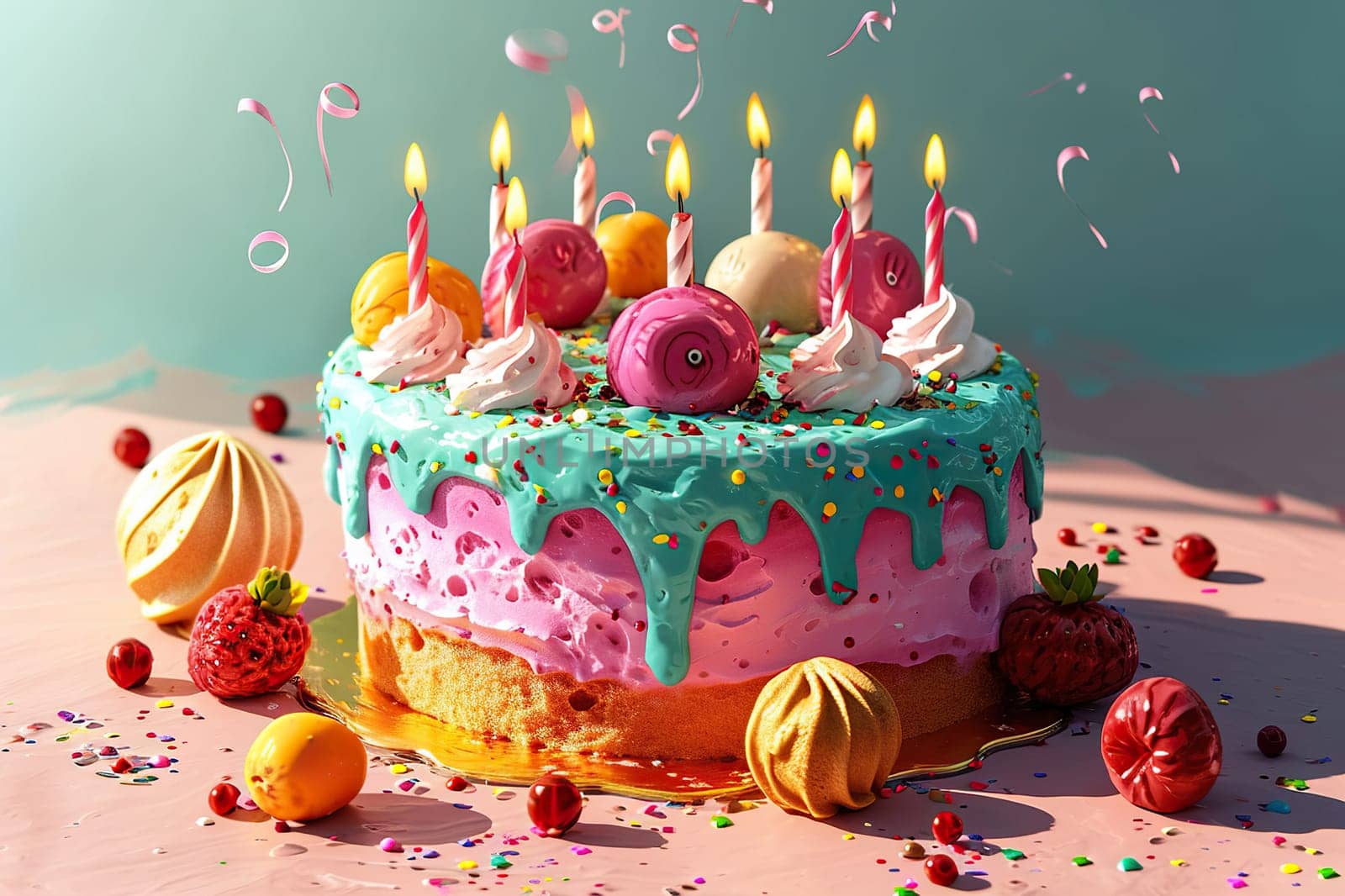 Birthday cake drawing in cartoon style.