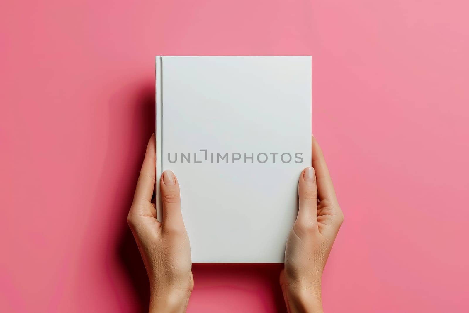 hand holding blank white book cover for mockup. isolated background . Generative AI.