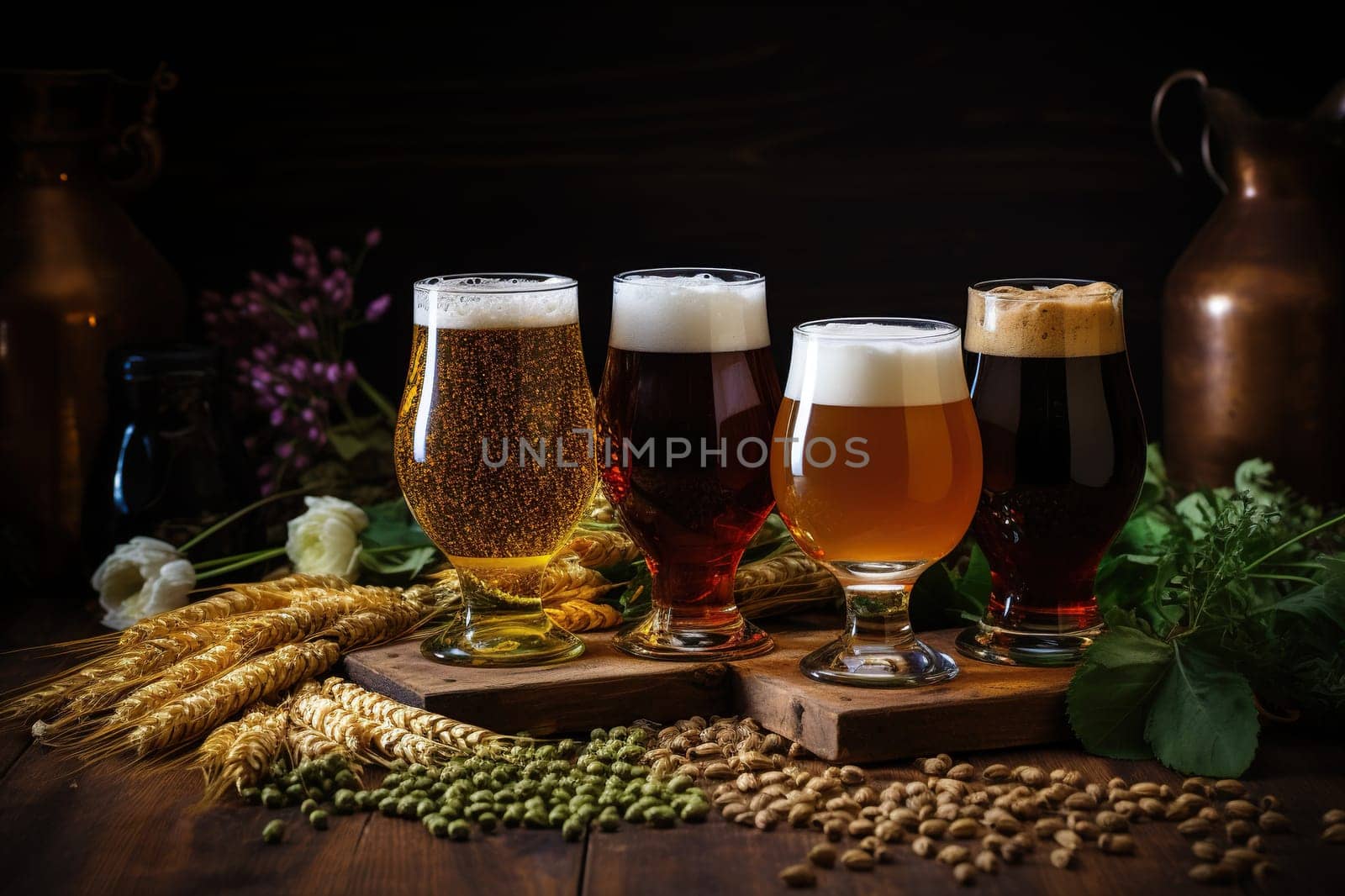 A set of four glasses of different types of beer on a wooden table with ears of wheat.