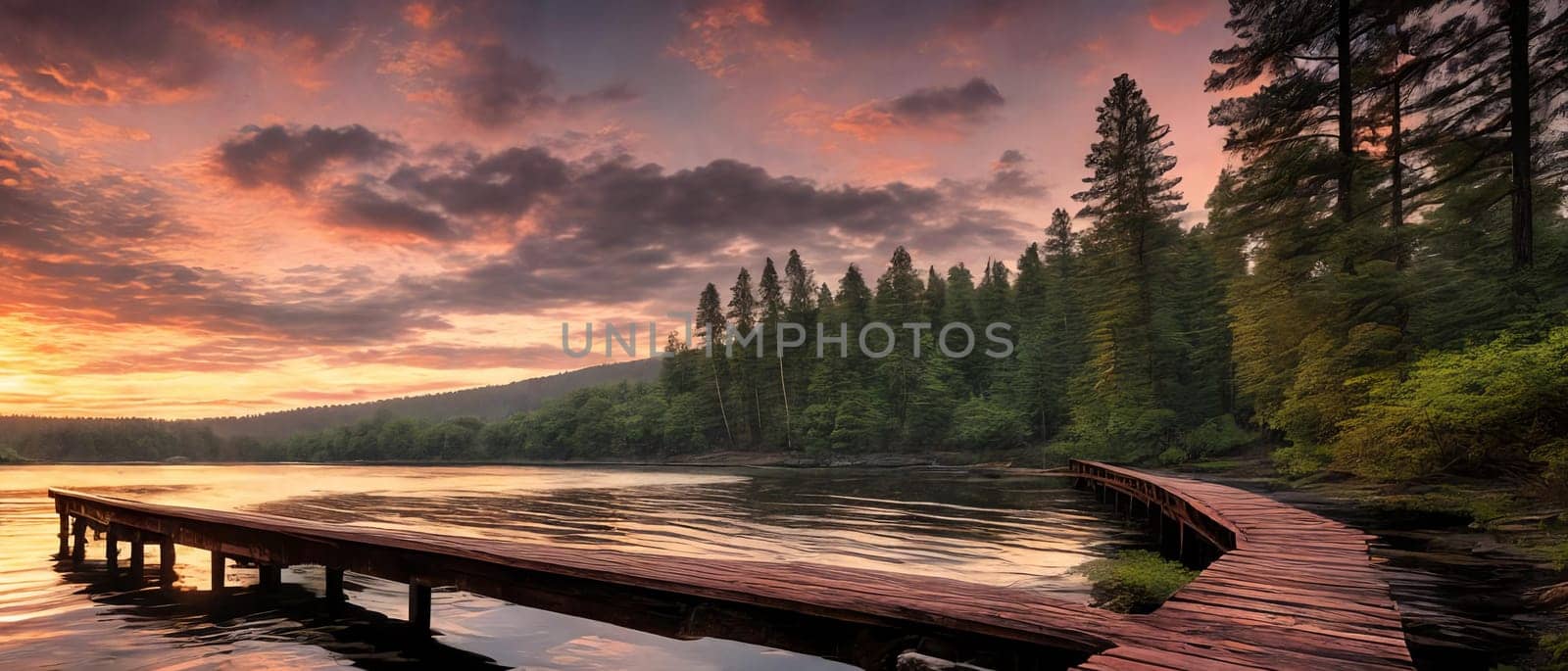 A vibrant sunset paints the sky over a tranquil forest lake pier Reflecting the golden hues on the calm waters below Generative AI