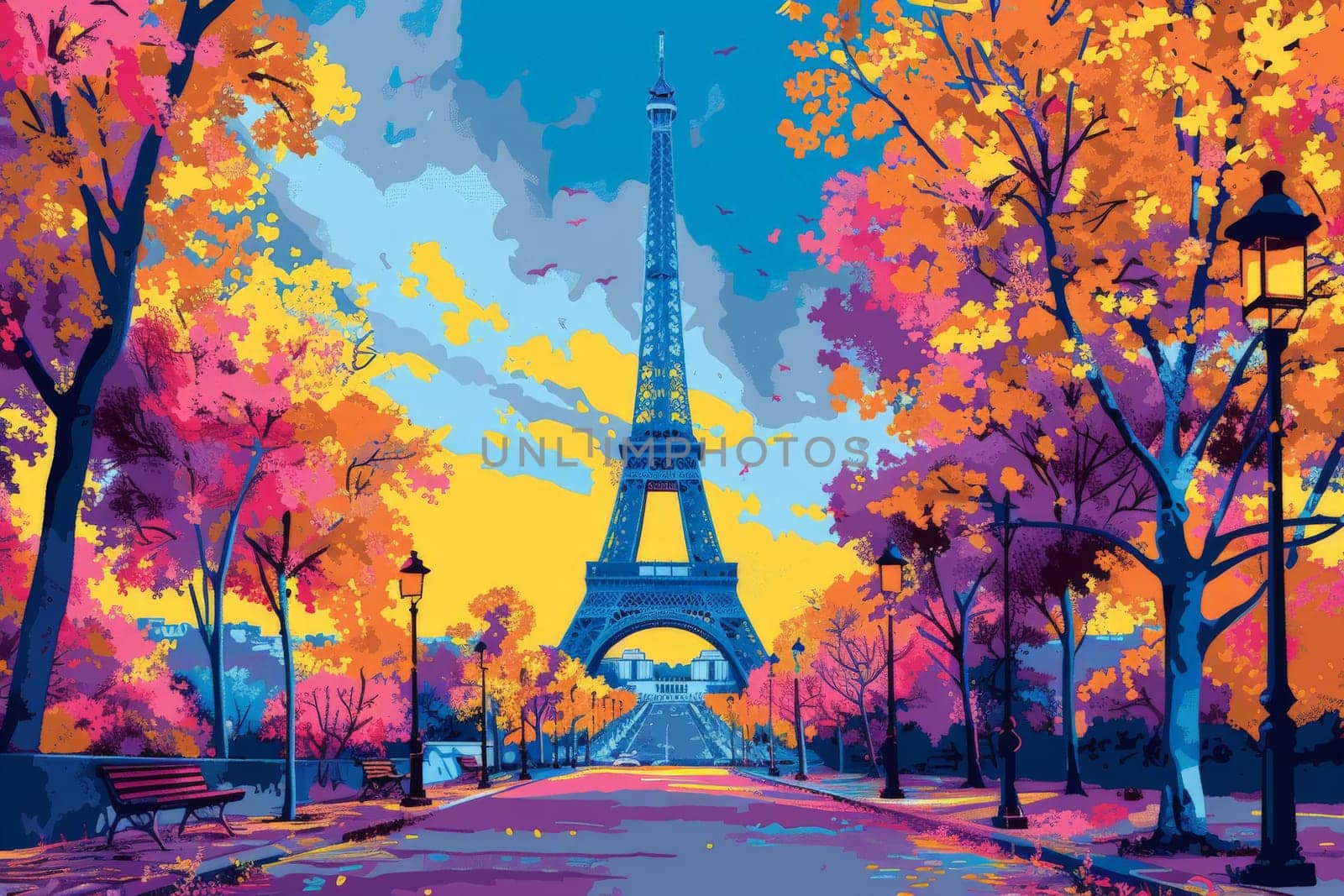 Abstract painting concept. Colorful art of the Eiffel Tower in Paris . Generative AI..