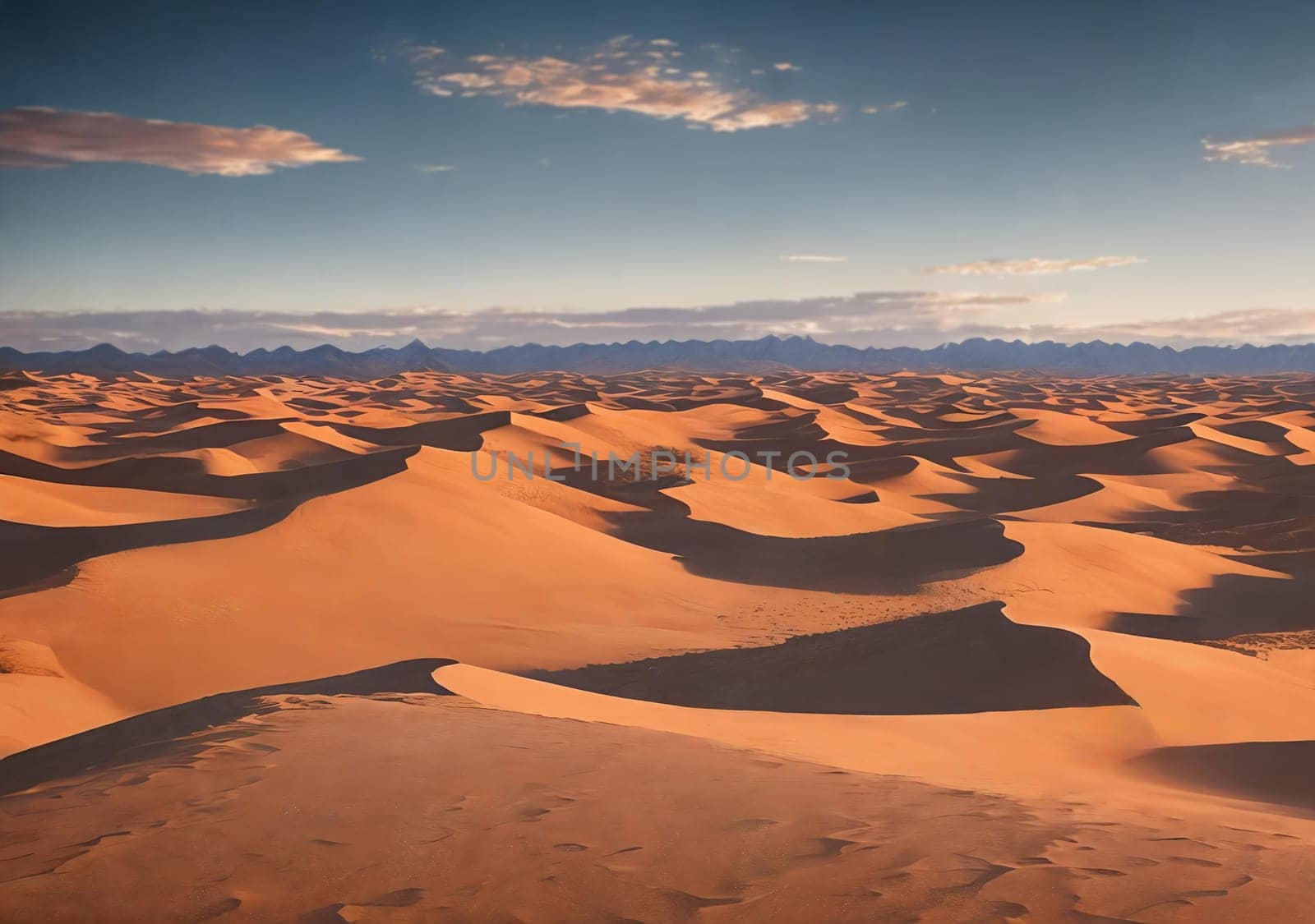 A vast desert expanse with rolling dunes under a cloudy, sunny sky. Generative AI