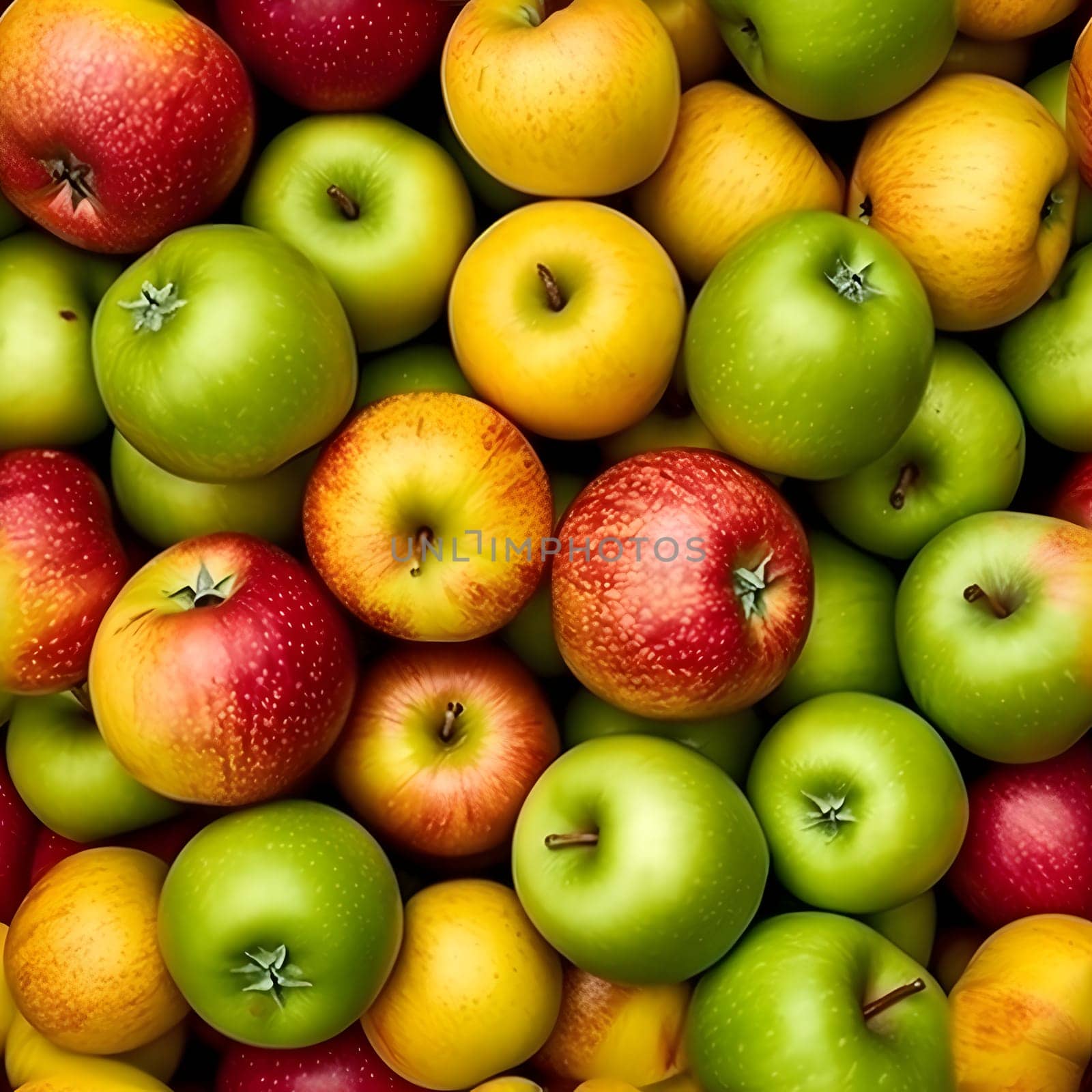 Seamless texture and background of different color apples pile with high angle view. Neural network generated image. Not based on any actual scene or pattern.