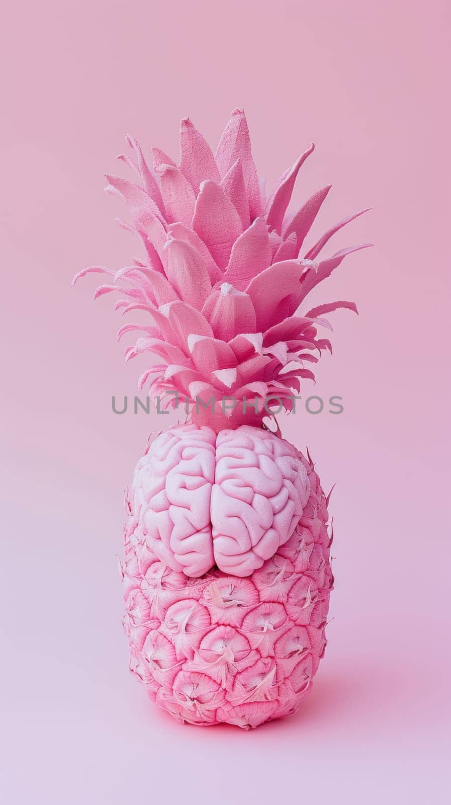 A pineapple with a brain on top of it against pink background