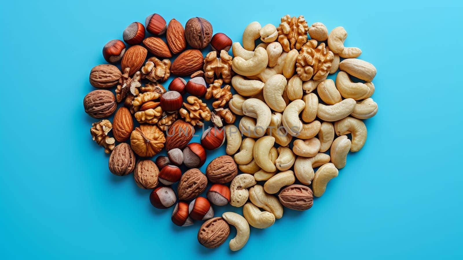 A heart shaped nut and fruit selection on blue background