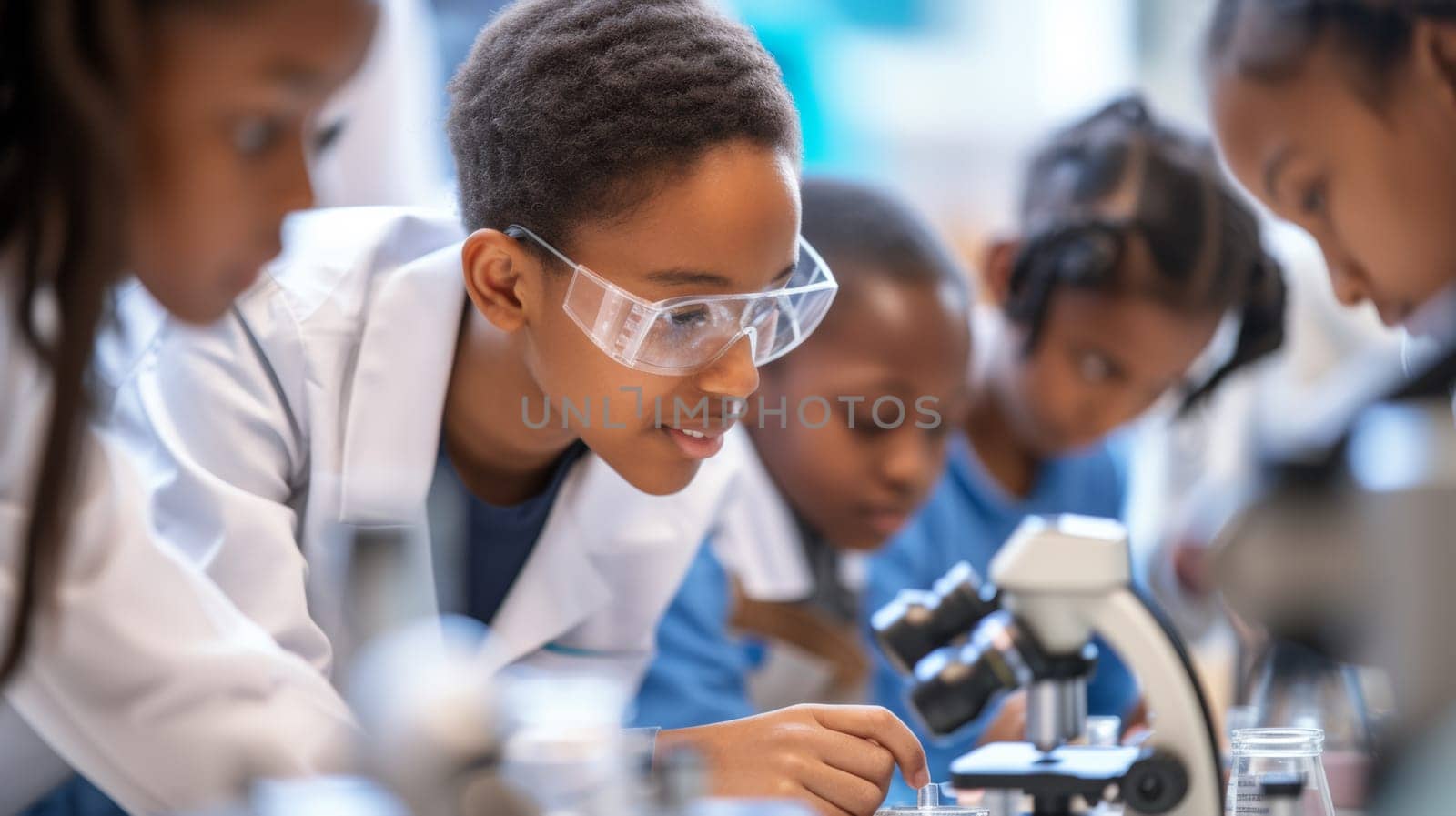 A group of children in lab coats looking at a microscope, AI by starush