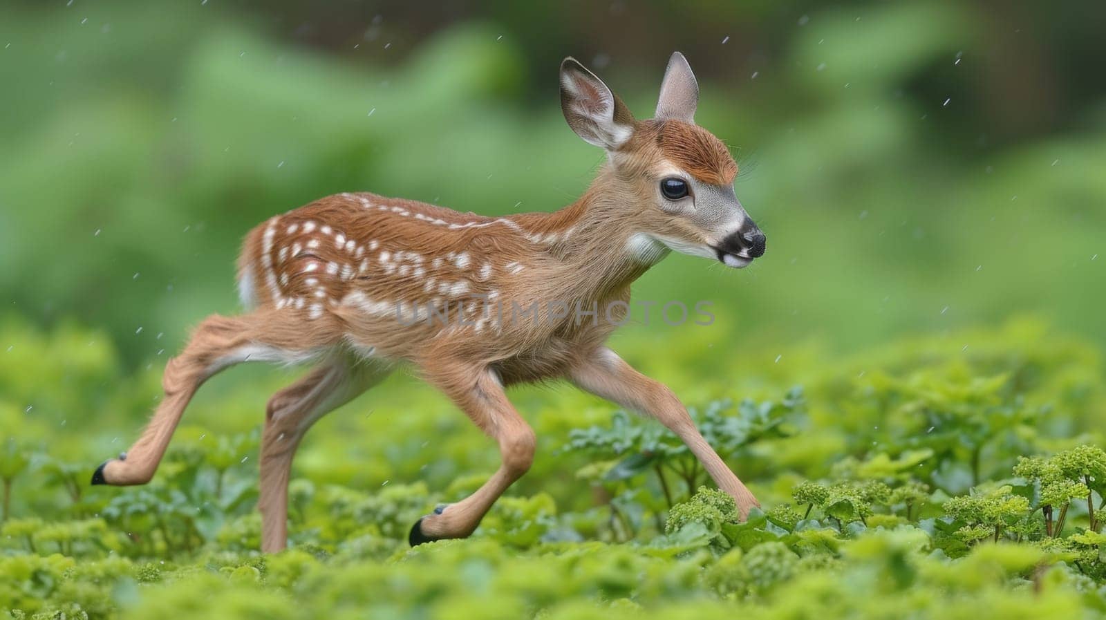 A baby deer running through a field of green grass