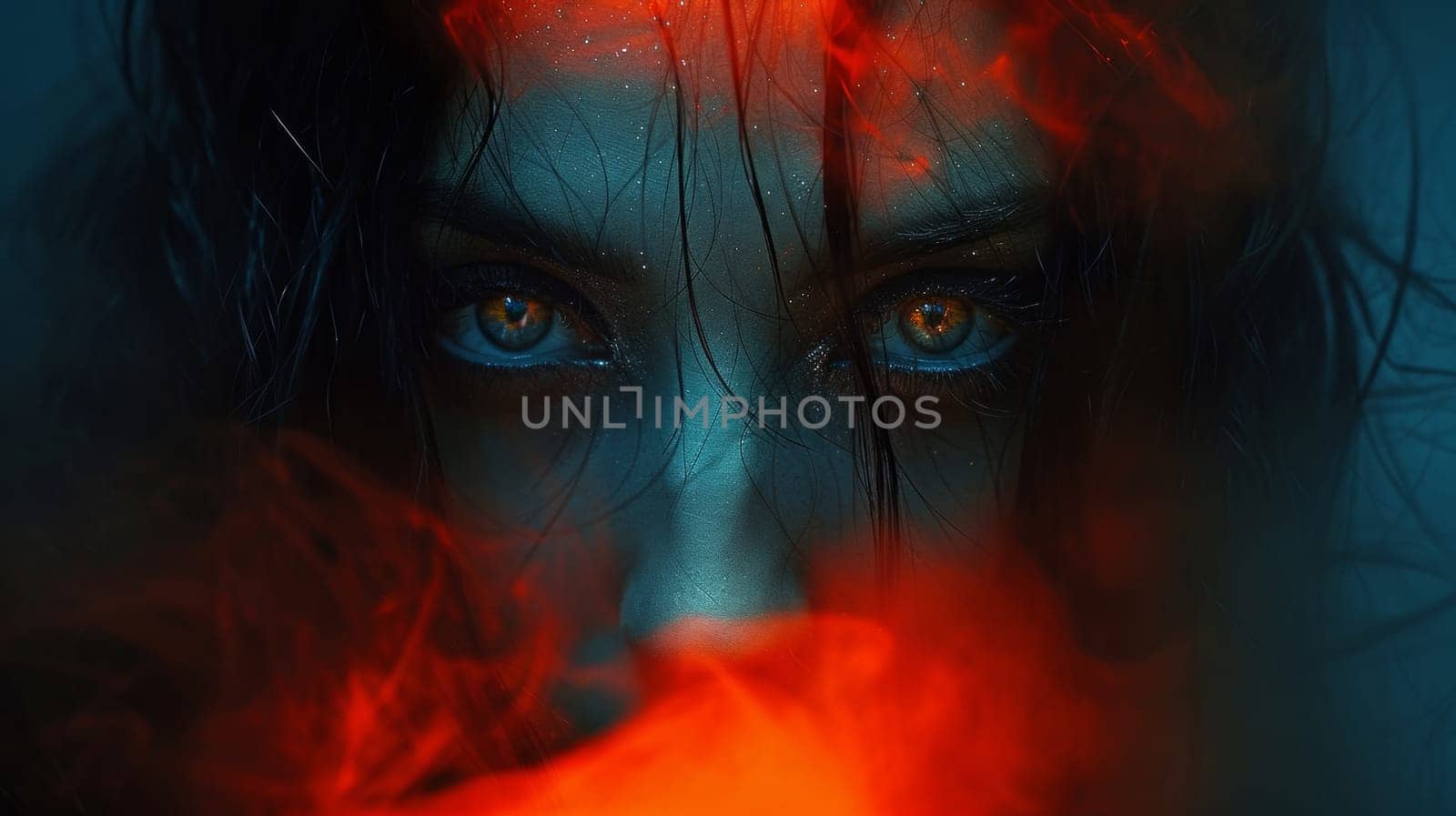 A woman with a dark face and red hair in front of flames, AI by starush