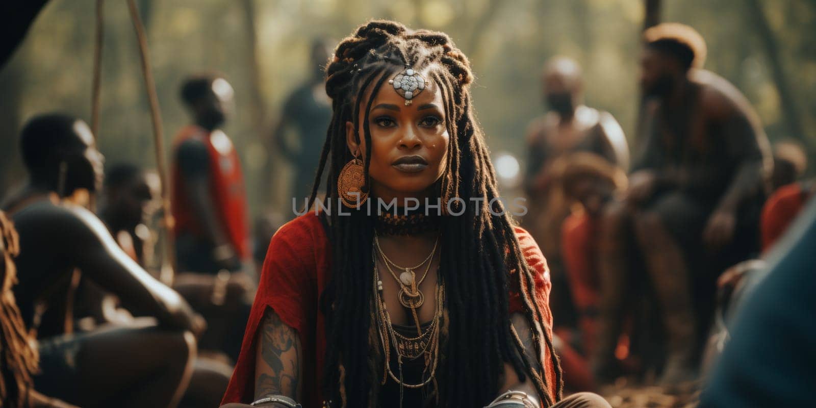 A woman with dreadlocks sitting in a group of people, AI by starush