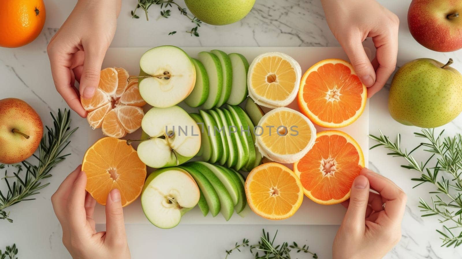 A group of people holding up a plate with sliced apples, oranges and tangerines