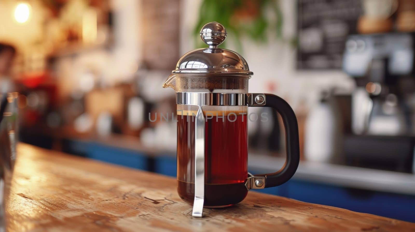 A coffee maker sitting on top of a wooden table, AI by starush