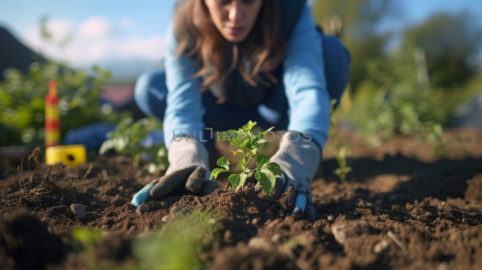 A woman kneeling down to plant a seedling in the dirt, AI by starush