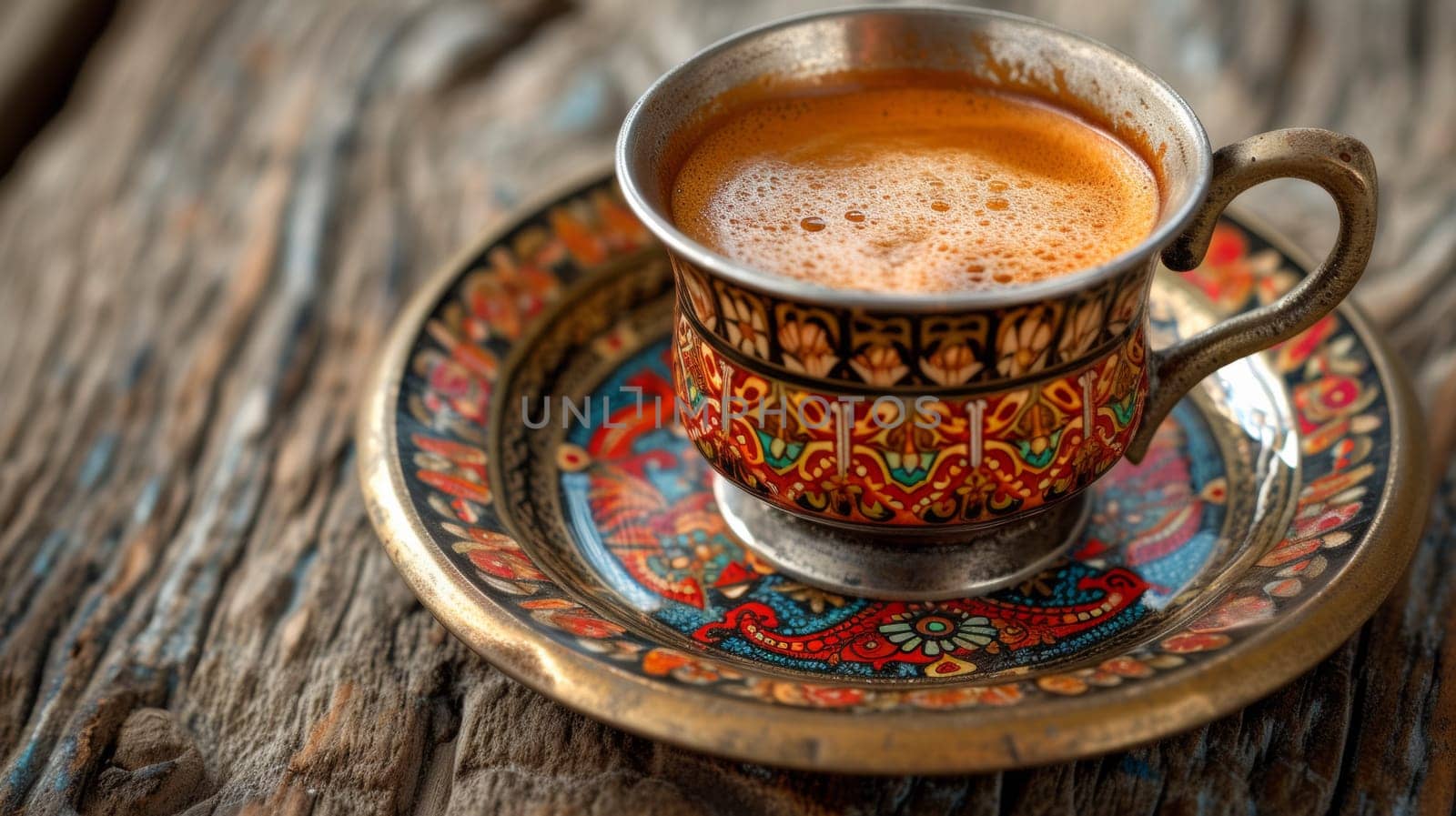 A cup of coffee is sitting on a saucer with an ornate design