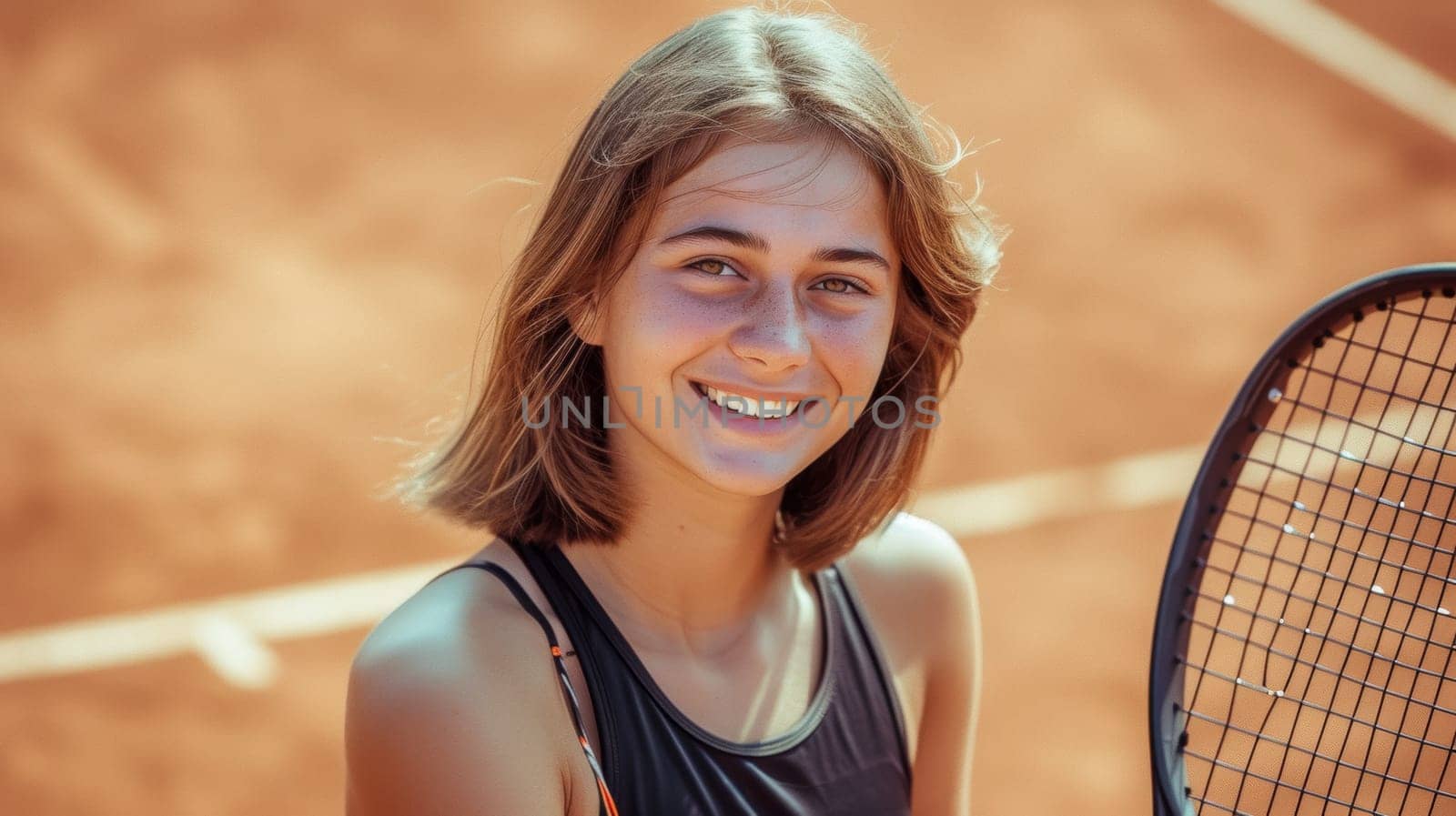 A woman smiling while holding a tennis racket on the court