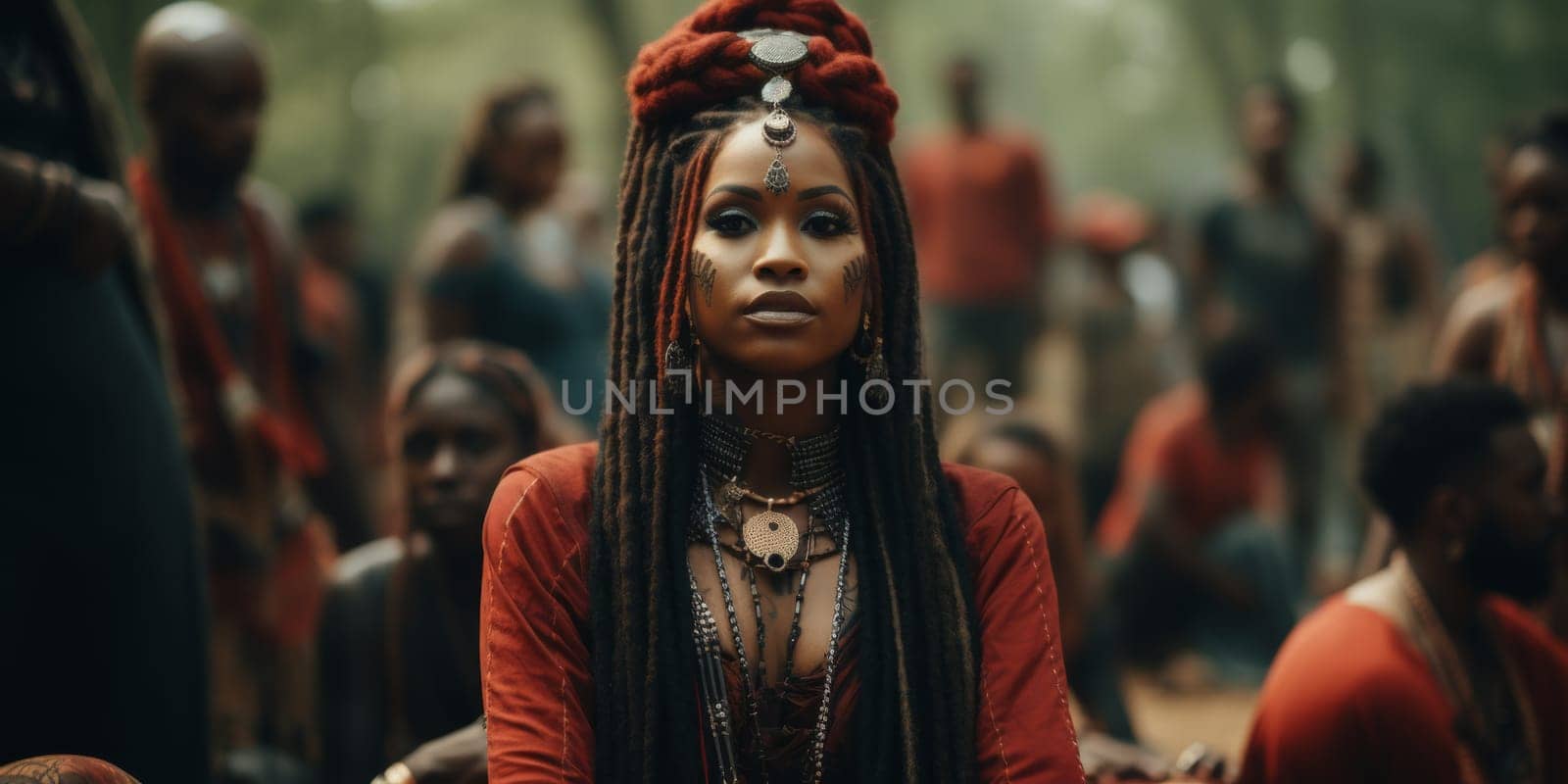 A woman with dreadlocks and a red dress sitting in front of other people, AI by starush