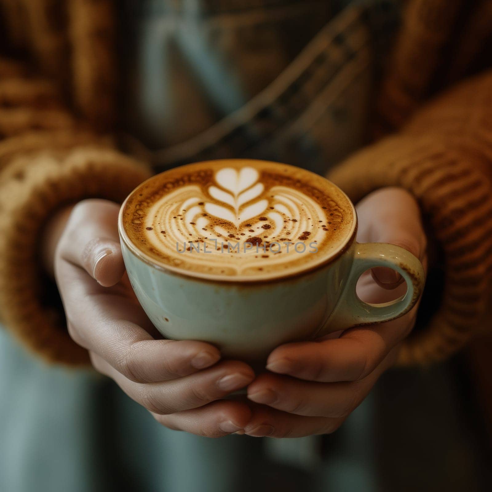 A person holding a cup of coffee with an intricate design on it