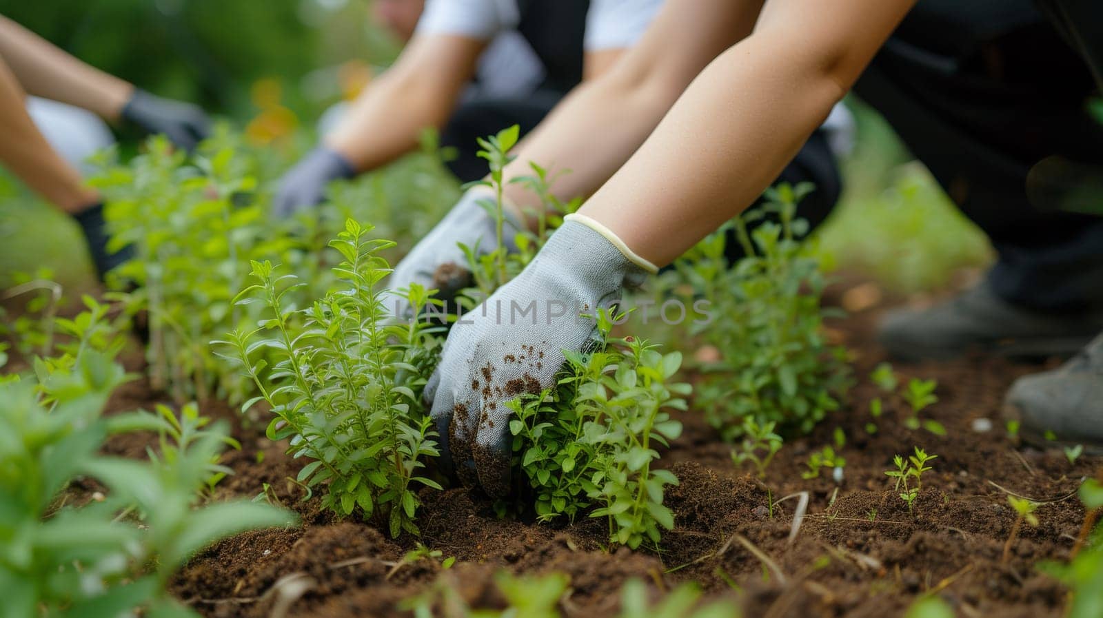 A group of people in gloves and gardening clothes planting a small tree