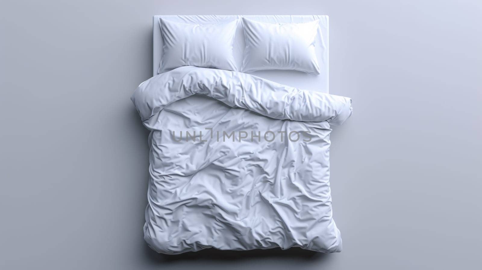 A white bed with a sheet and pillows on top of it, AI by starush