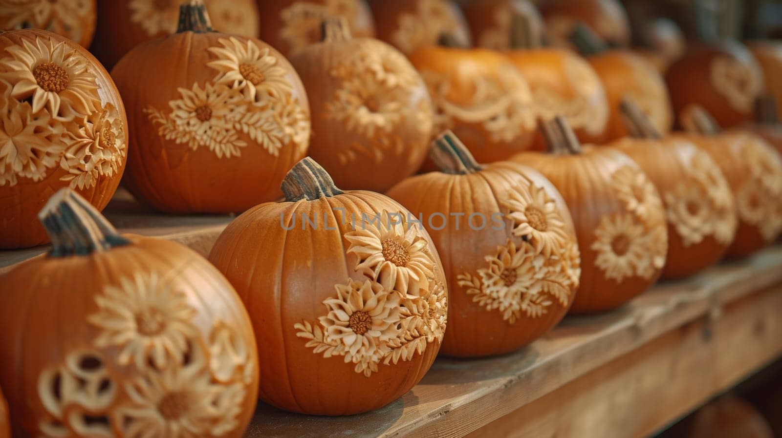 A row of pumpkins with intricate designs carved into them, AI by starush