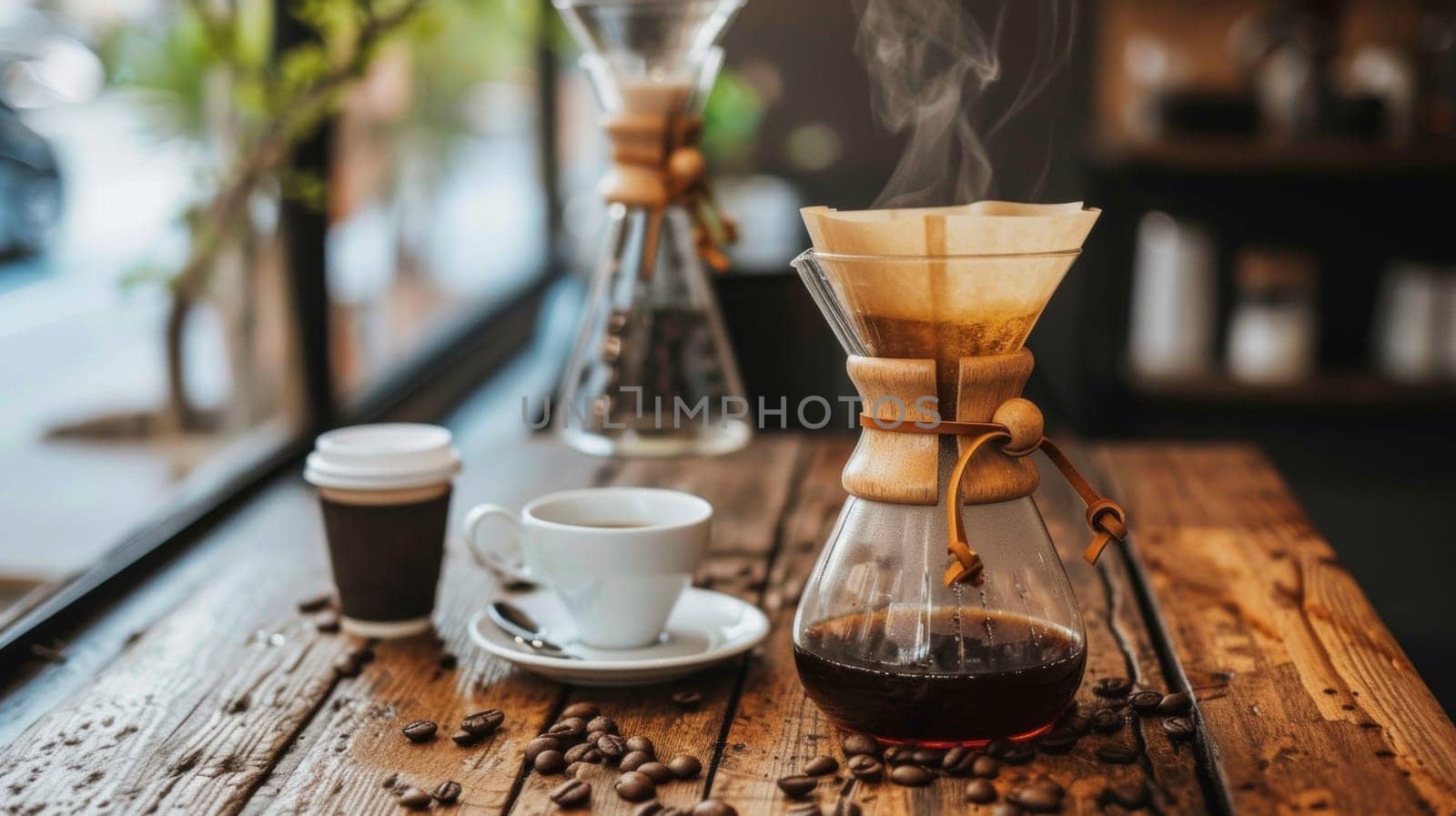 A coffee is being brewed in a glass carafe on the table