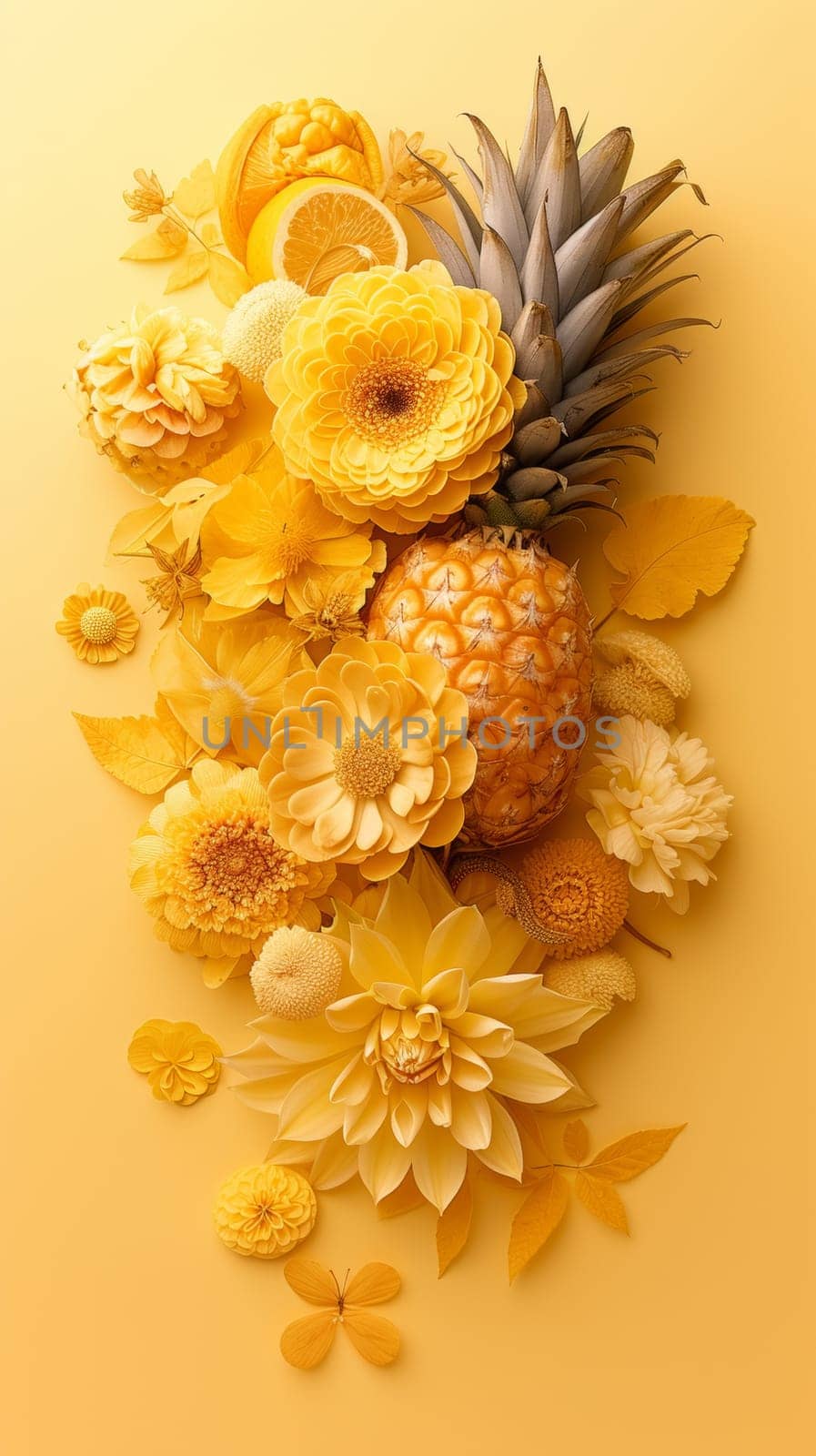 A pineapple is surrounded by flowers and leaves on a yellow background, AI by starush