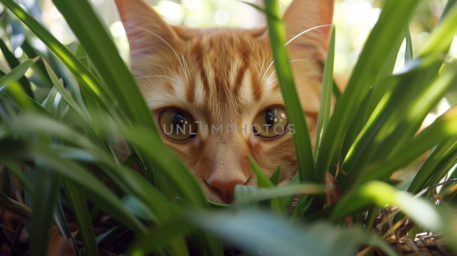 A cat peeking out from behind a bunch of green grass