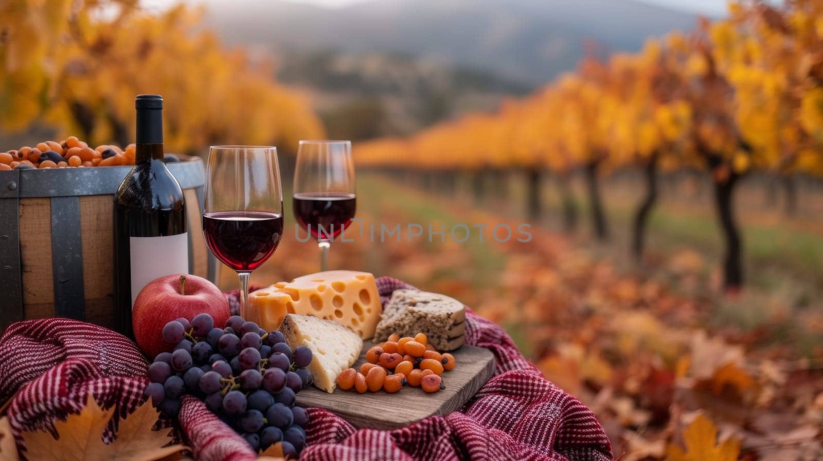 A table with wine and cheese on it in a field, AI by starush